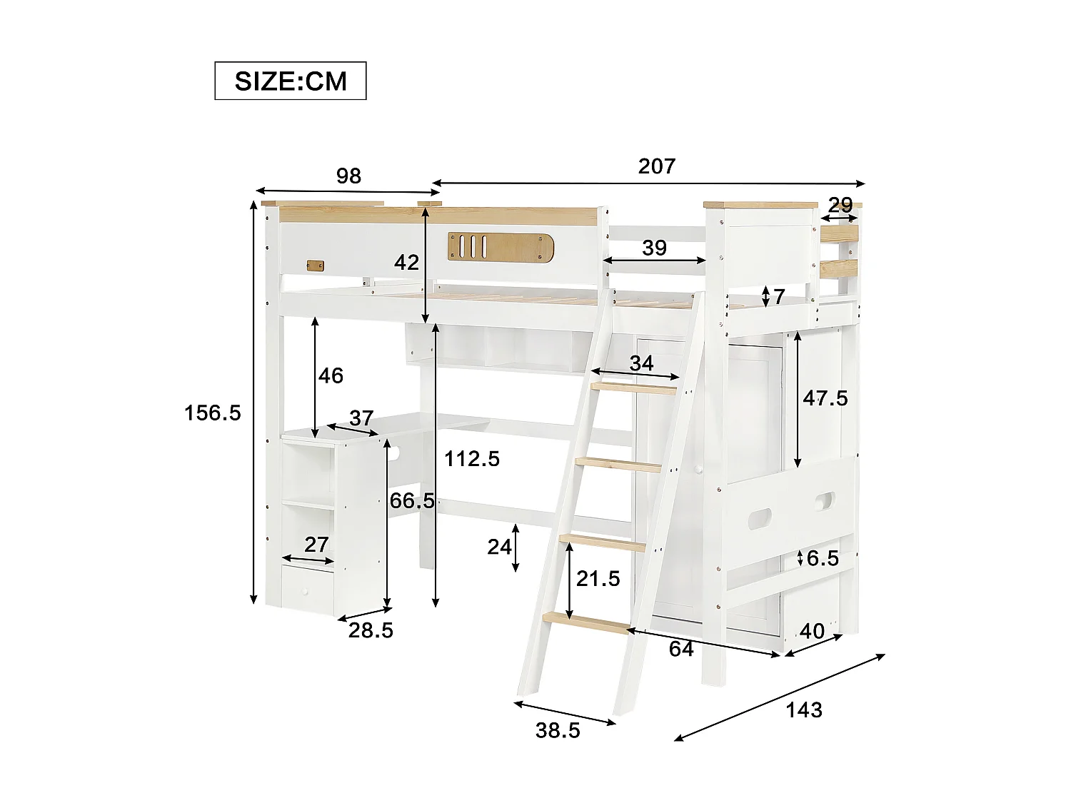 Lit mezzanine 90 x 200 cm avec bureau, armoire et étagères de rangement - Pin+MDF+contreplaqué - Blanc et naturel