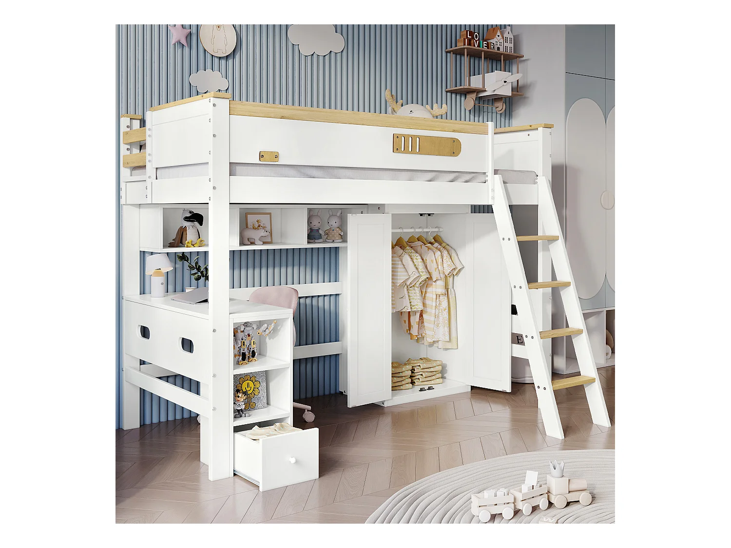 Cama alta 90 x 200 cm com secretária, roupeiro e prateleiras de arrumação - Pinho+MDF+contraplacado - Branco e natural