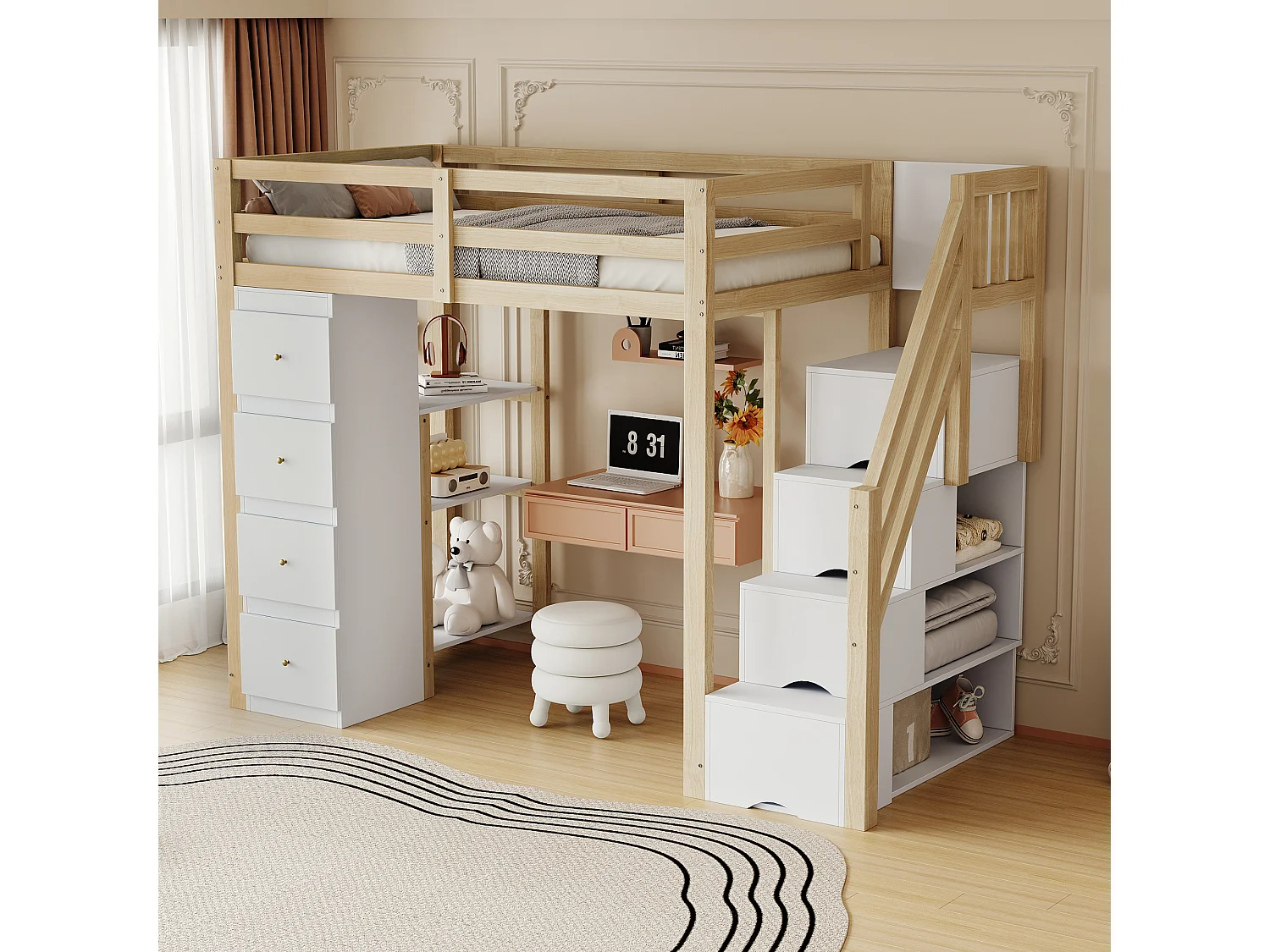 Cama alta 90 x 200 cm con 4 cajones, 4 puertas y estantes de almacenamiento - Madera maciza + MDF - Somier de láminas - Natural + blanco