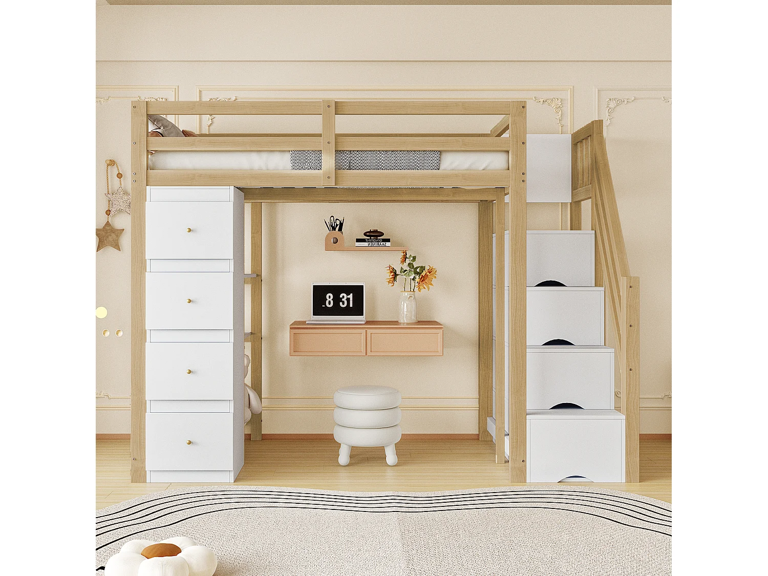 Cama alta 90 x 200 cm con 4 cajones, 4 puertas y estantes de almacenamiento - Madera maciza + MDF - Somier de láminas - Natural + blanco