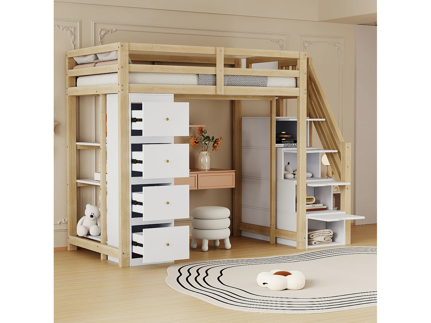 Cama alta 90 x 200 cm con 4 cajones, 4 puertas y estantes de almacenamiento - Madera maciza + MDF - Somier de láminas - Natural + blanco