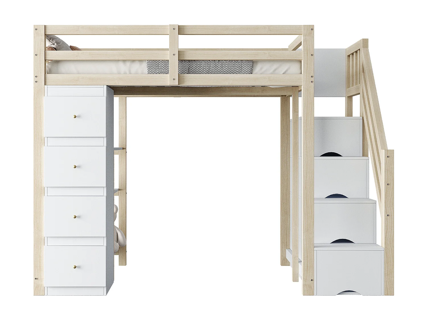 Cama alta 90 x 200 cm con 4 cajones, 4 puertas y estantes de almacenamiento - Madera maciza + MDF - Somier de láminas - Natural + blanco