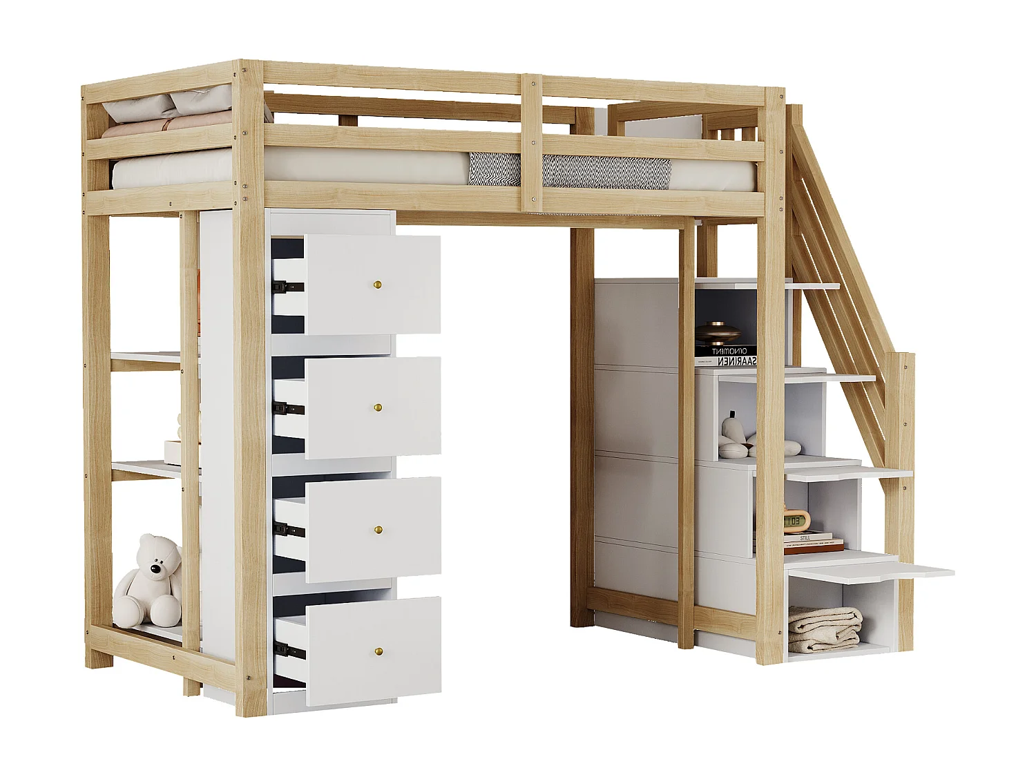 Cama alta 90 x 200 cm con 4 cajones, 4 puertas y estantes de almacenamiento - Madera maciza + MDF - Somier de láminas - Natural + blanco