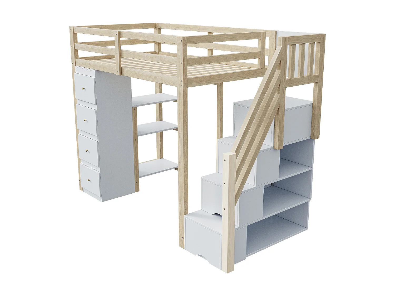 Cama alta 90 x 200 cm con 4 cajones, 4 puertas y estantes de almacenamiento - Madera maciza + MDF - Somier de láminas - Natural + blanco
