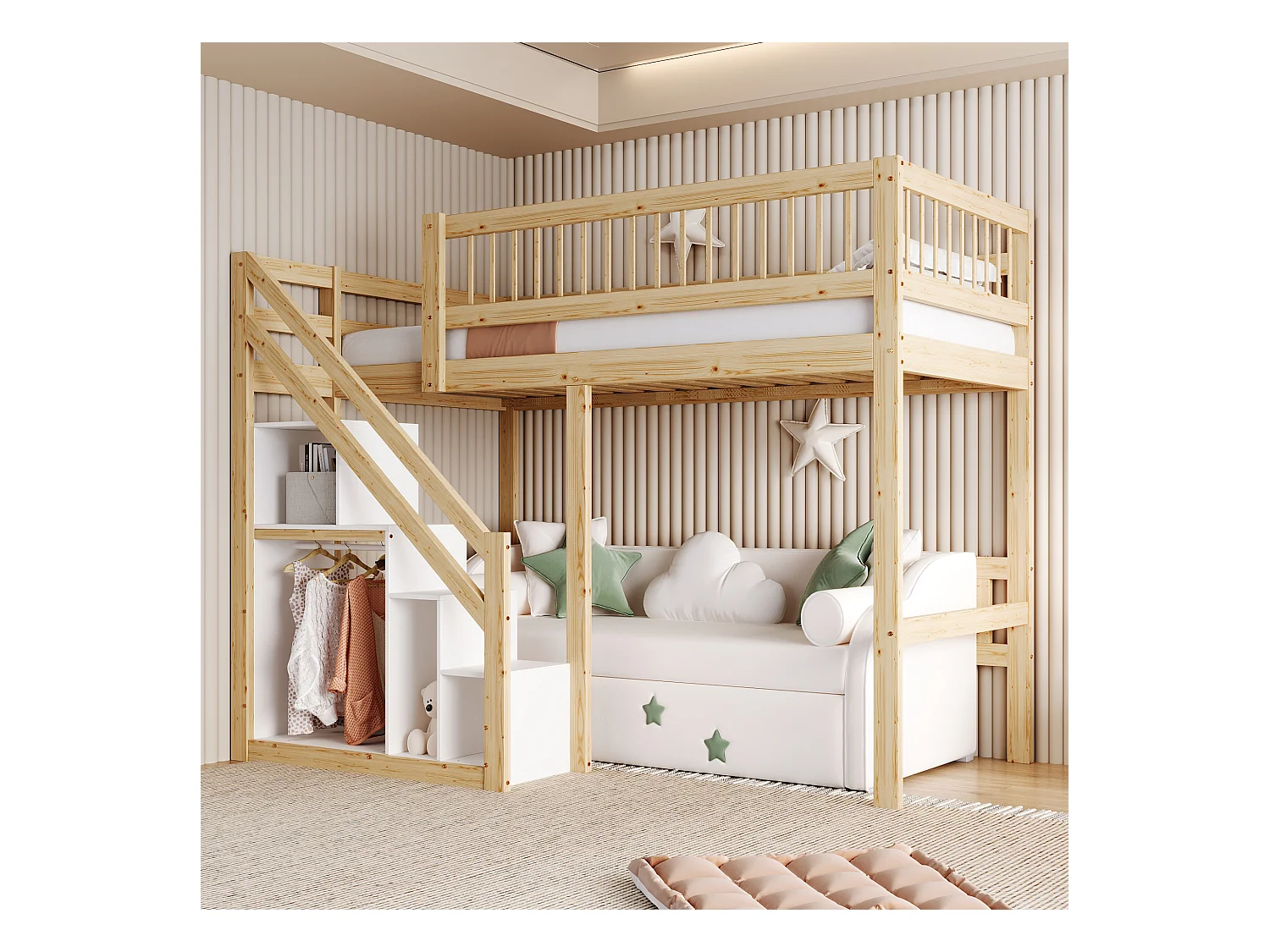 Hochbett 90 x 200 cm mit Stauraum – Massivholz + MDF – Natur und Weiß (ohne Matratze)