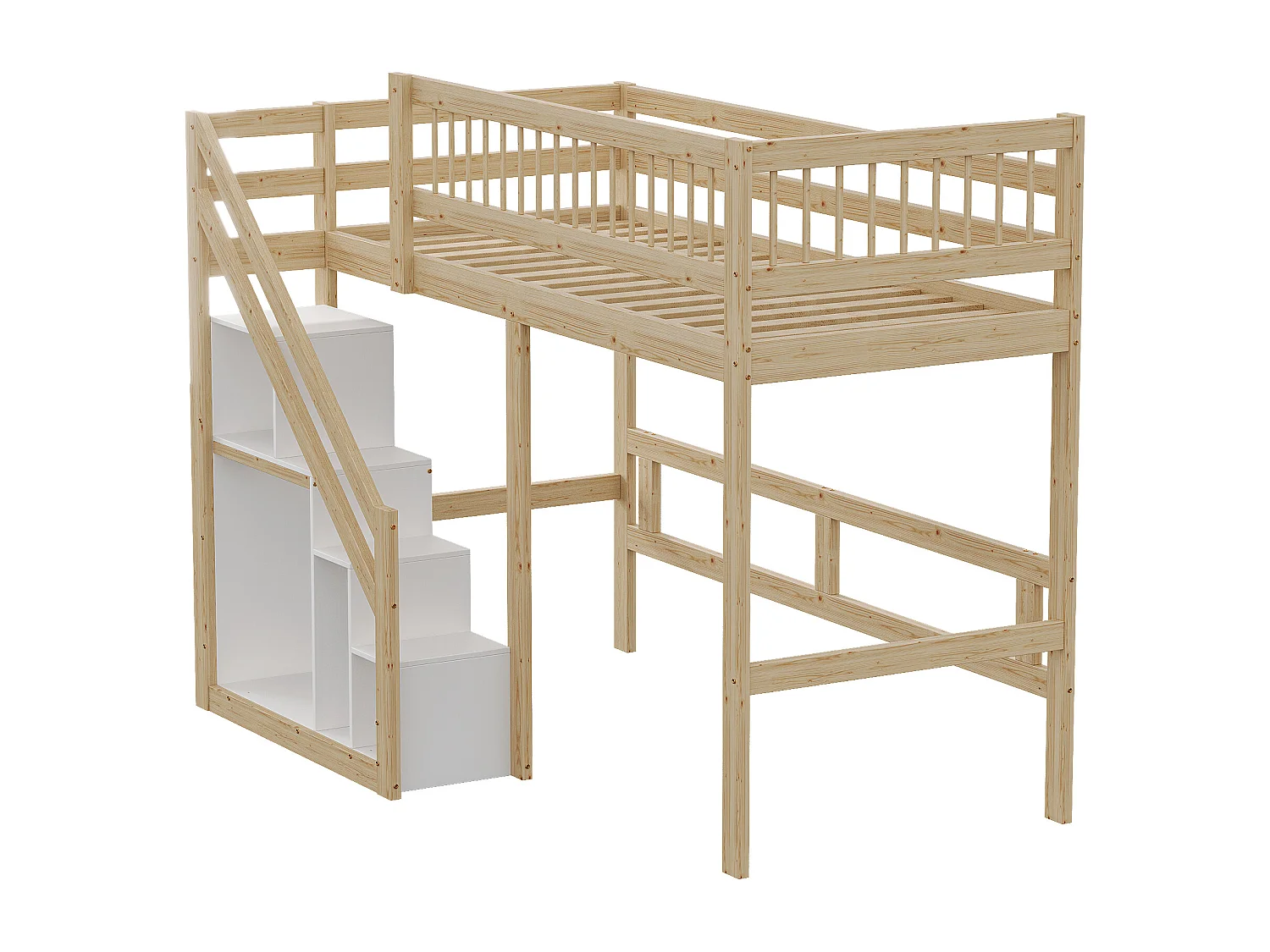 Cama alta 90 x 200 cm con armario - Madera maciza + MDF - Natural y blanco (sin colchón)