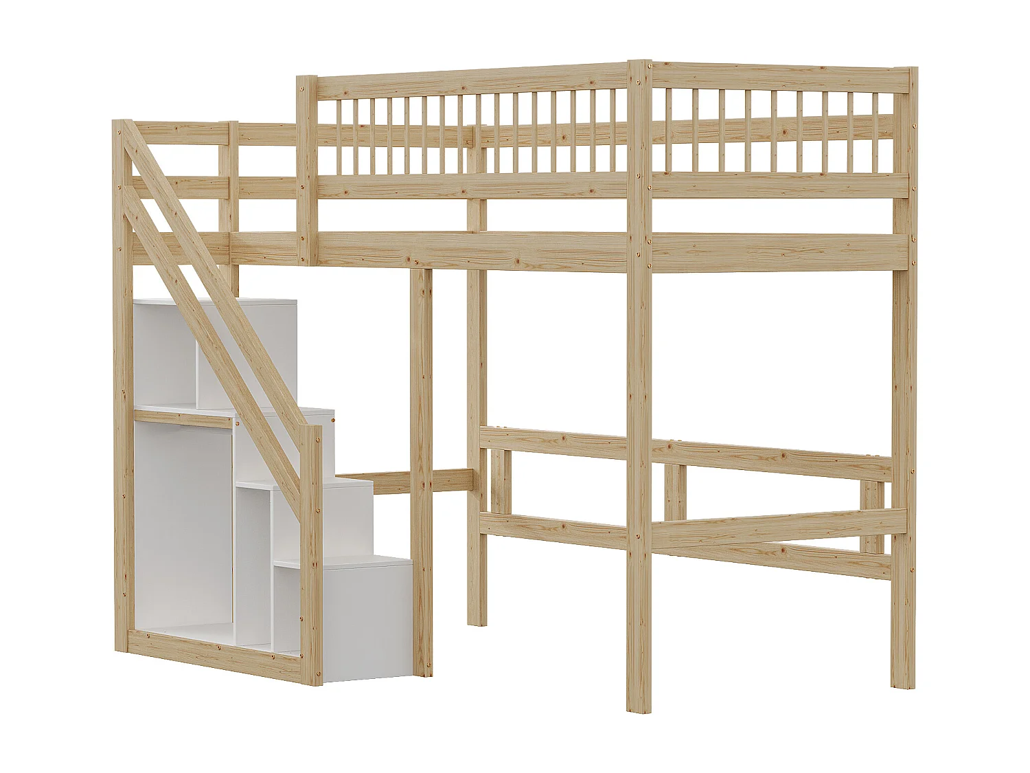 Cama alta 90 x 200 cm con armario - Madera maciza + MDF - Natural y blanco (sin colchón)