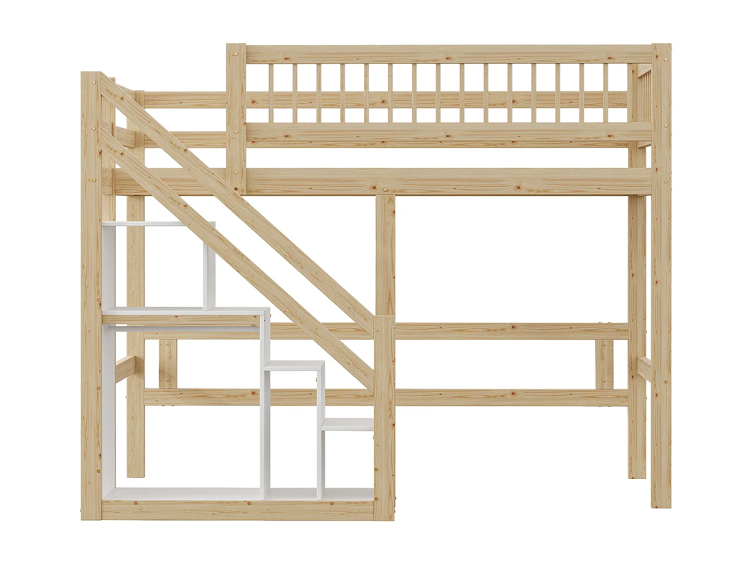 Cama alta 90 x 200 cm con armario - Madera maciza + MDF - Natural y blanco (sin colchón)
