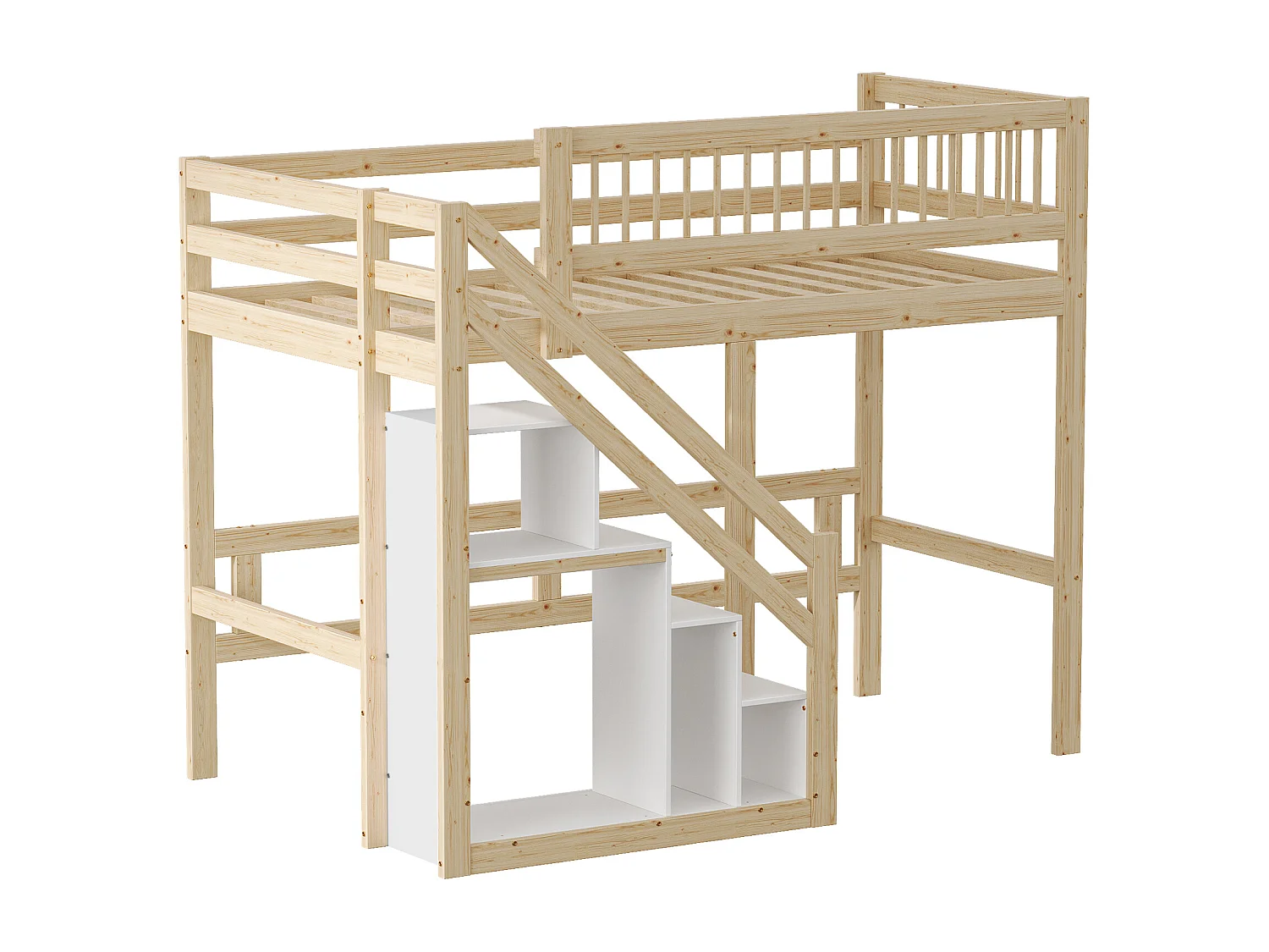 Cama alta 90 x 200 cm con armario - Madera maciza + MDF - Natural y blanco (sin colchón)