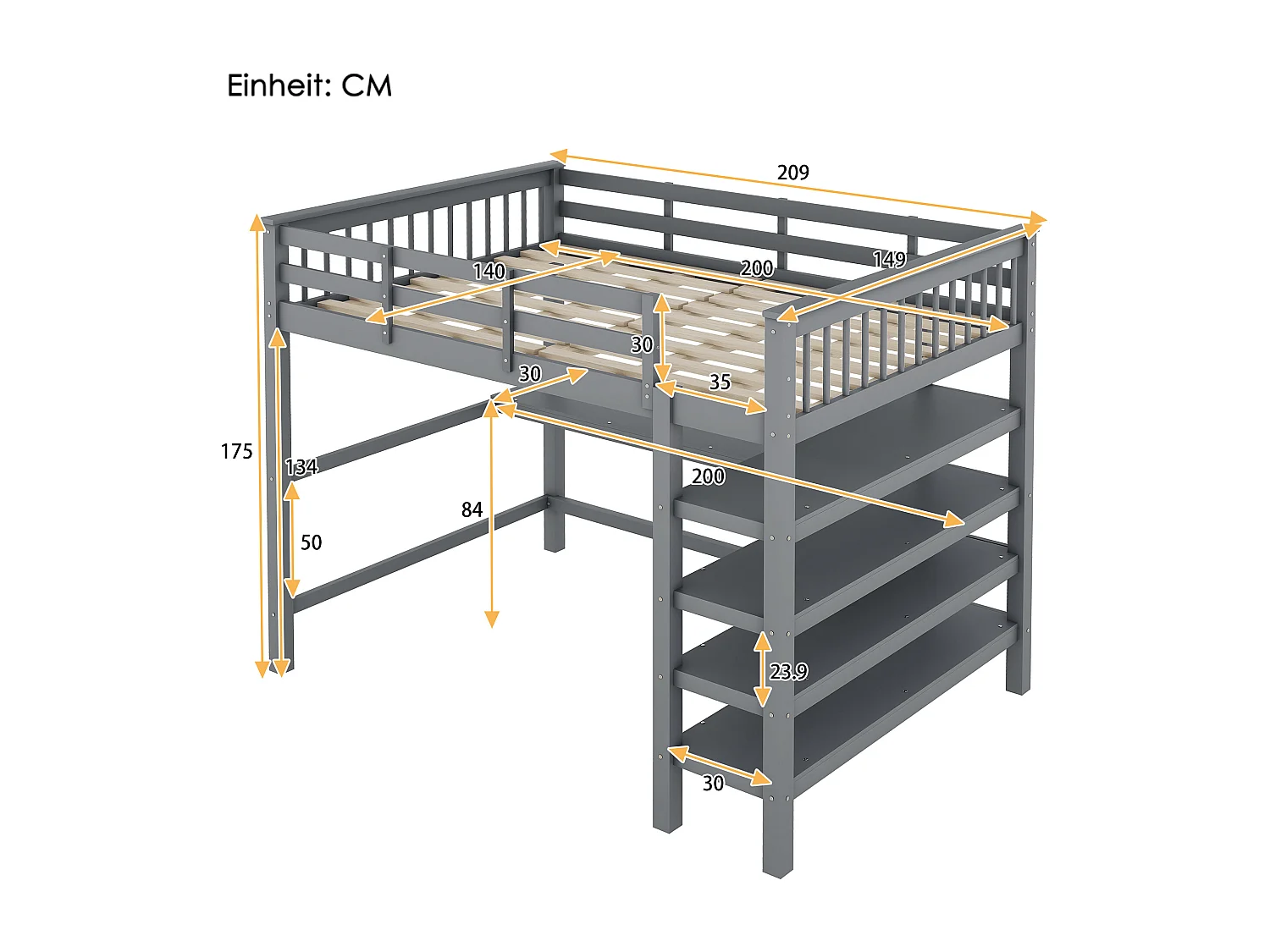 Hochbett 140 x 200 cm mit Schreibtisch und Ablagen – Kiefernholz + MDF – Grau