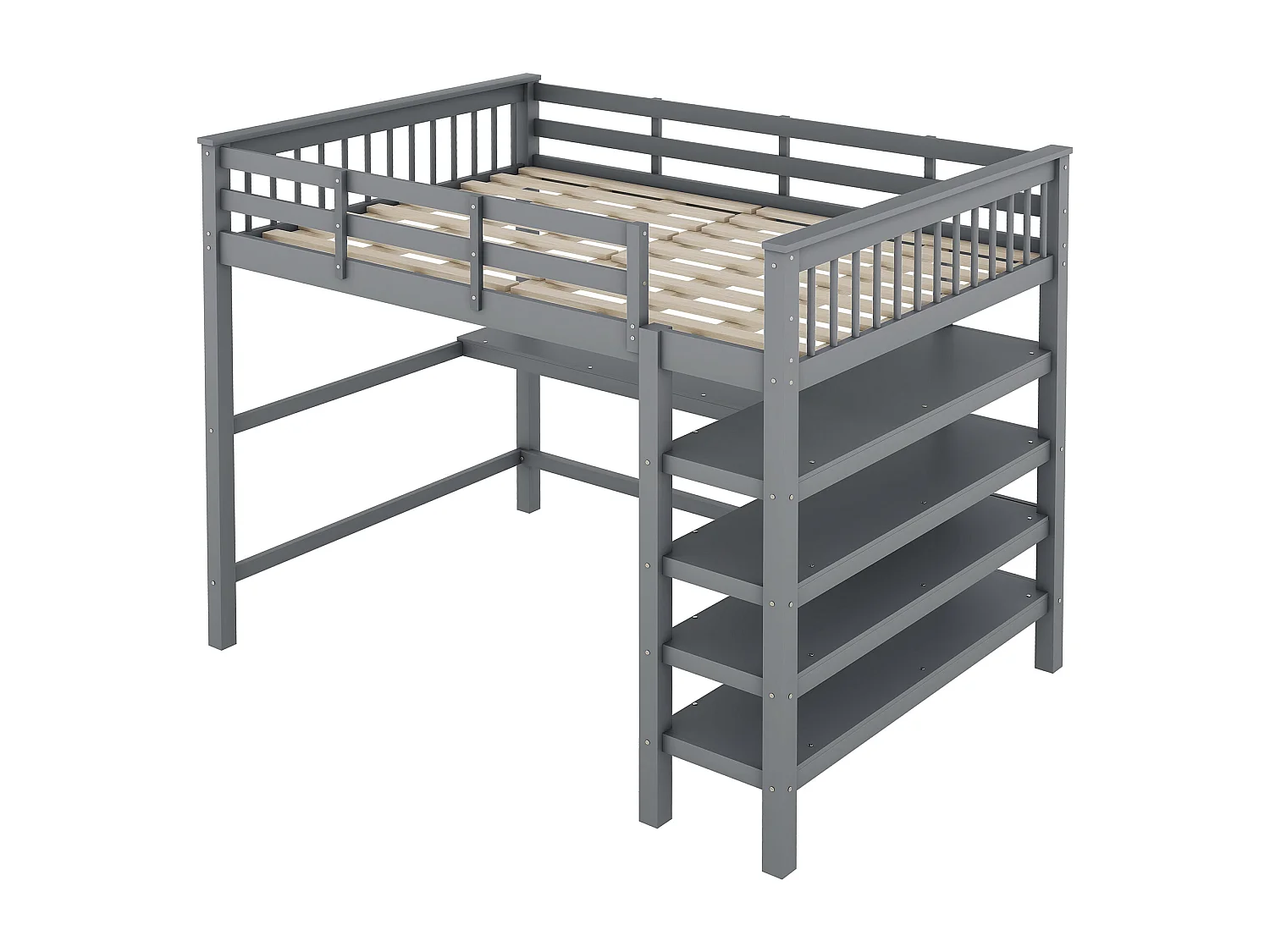 Hochbett 140 x 200 cm mit Schreibtisch und Ablagen – Kiefernholz + MDF – Grau