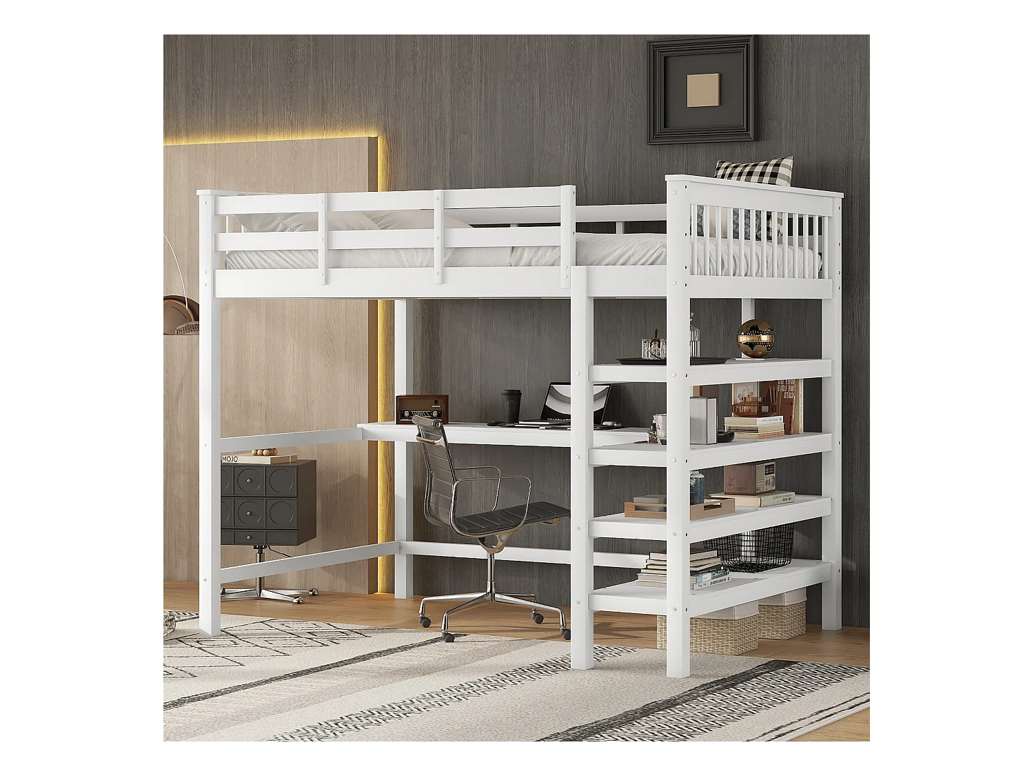 Lit mezzanine 140 x 200 cm avec bureau et étagères de rangement - Bois de pin + MDF - Blanc