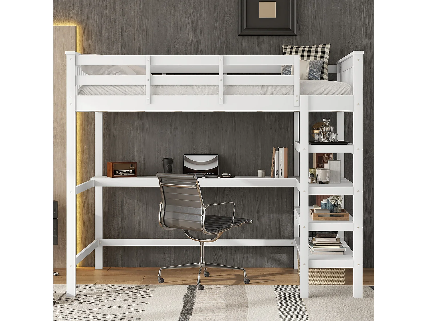 Letto a soppalco 140 x 200 cm con scrivania e ripiani portaoggetti - Legno di pino + MDF - Bianco