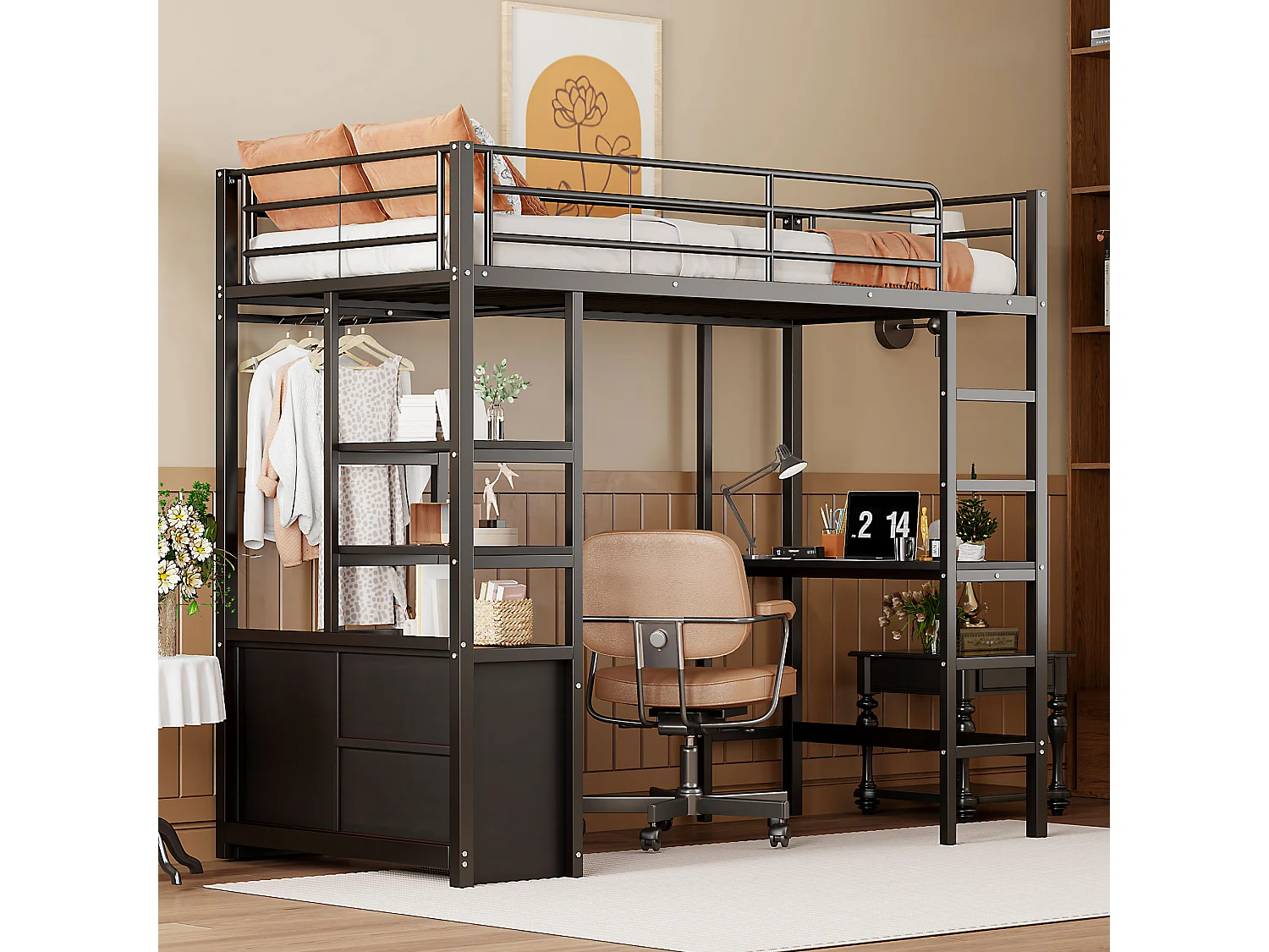 Hochbett 90 x 200 cm mit Schreibtisch, USB-Anschlüssen, offenem Stauraum – Metall + MDF – Schwarz (ohne Matratze)