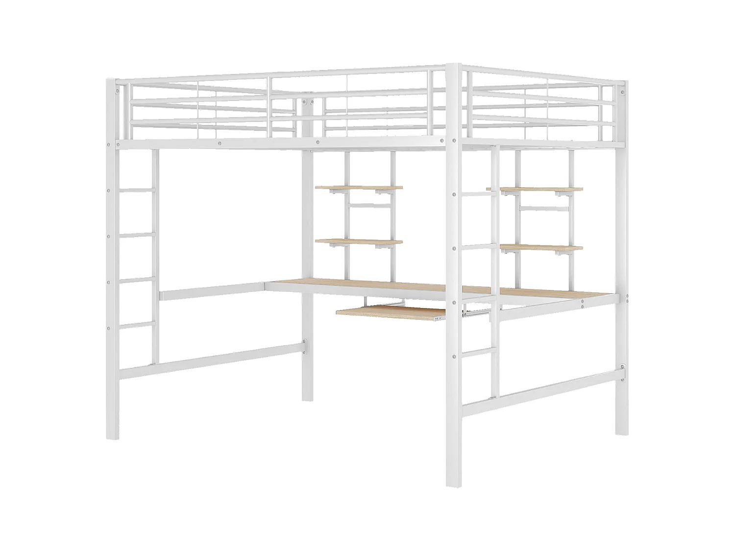 Cama alta 140 x 200 cm con escritorio y 2 estantes - Metal - Somier de láminas - Blanco (sin colchón)