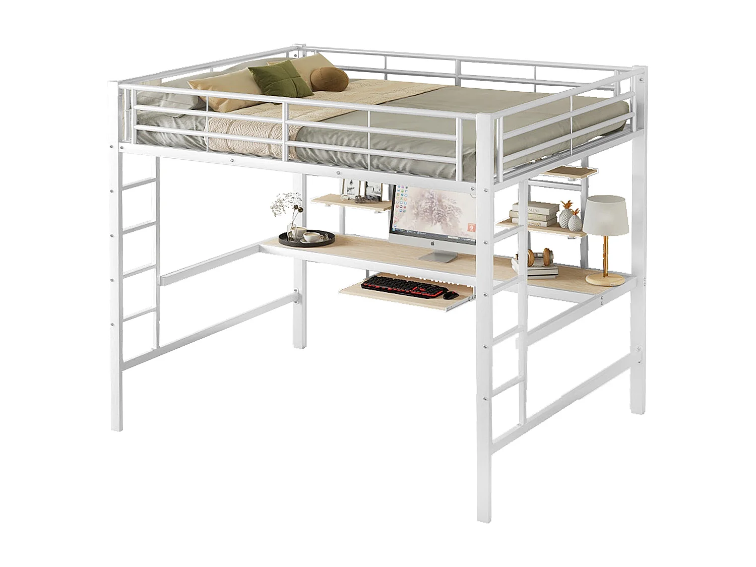 Letto a soppalco 140 x 200 cm con scrivania e 2 ripiani - Metallo - Rete a doghe - Bianco (senza materasso)