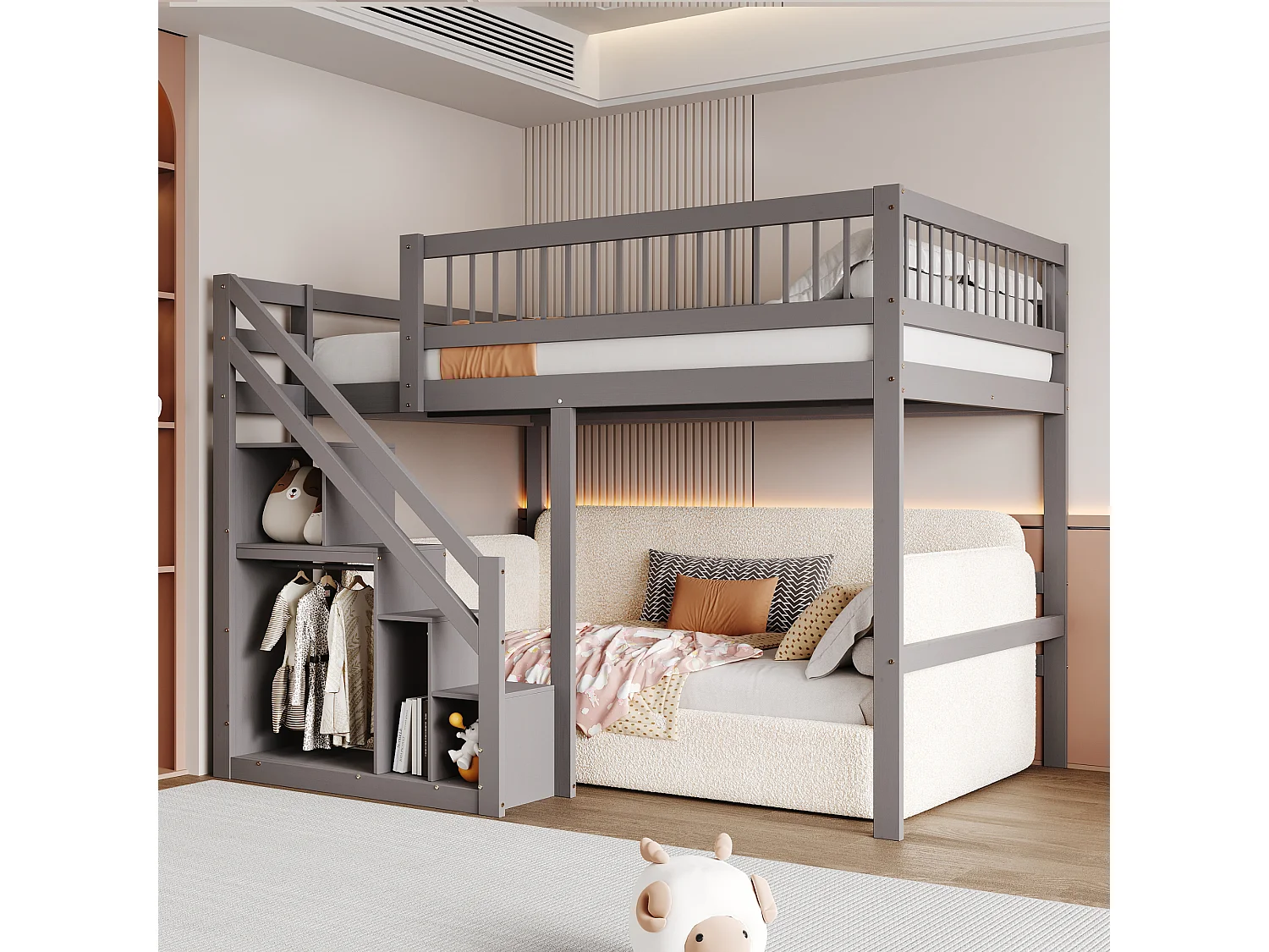 Mezzaninebed 140 x 200 cm met opbergkast - Massief hout + MDF - Grijs (zonder matras)