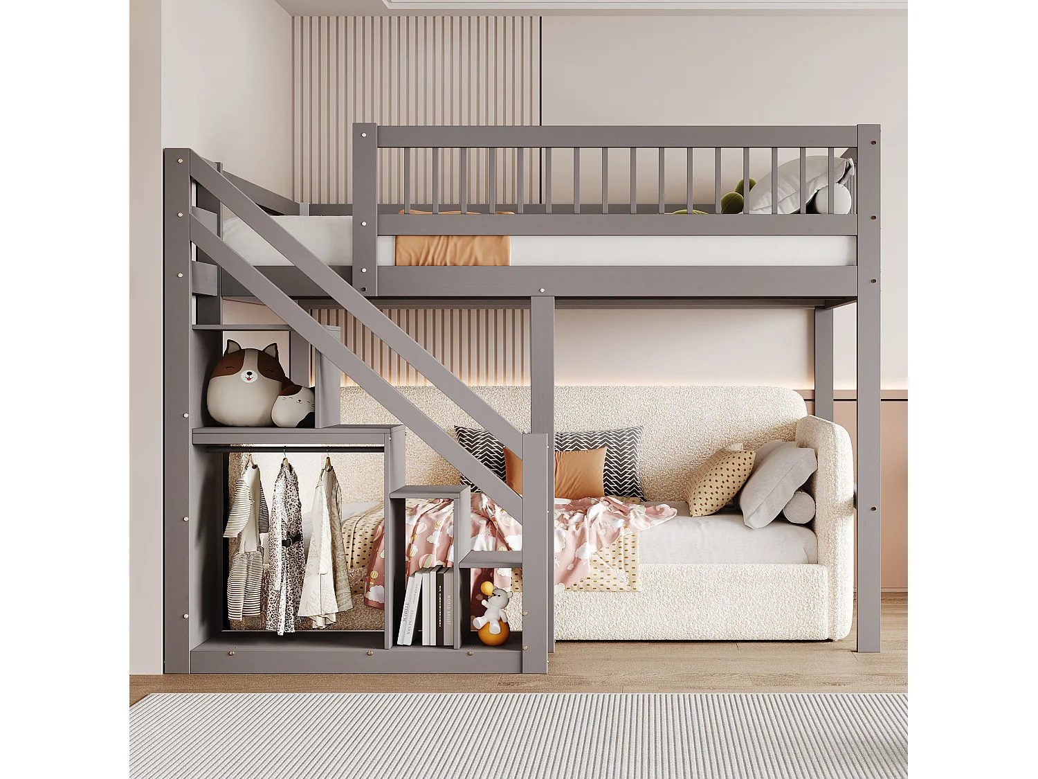 Mezzaninebed 140 x 200 cm met opbergkast - Massief hout + MDF - Grijs (zonder matras)