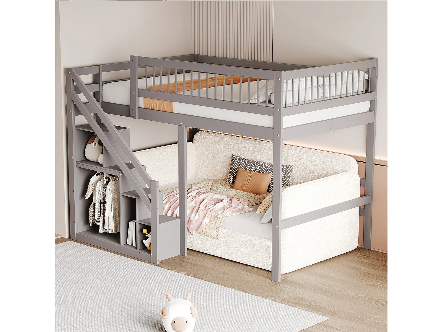 Mezzaninebed 140 x 200 cm met opbergkast - Massief hout + MDF - Grijs (zonder matras)