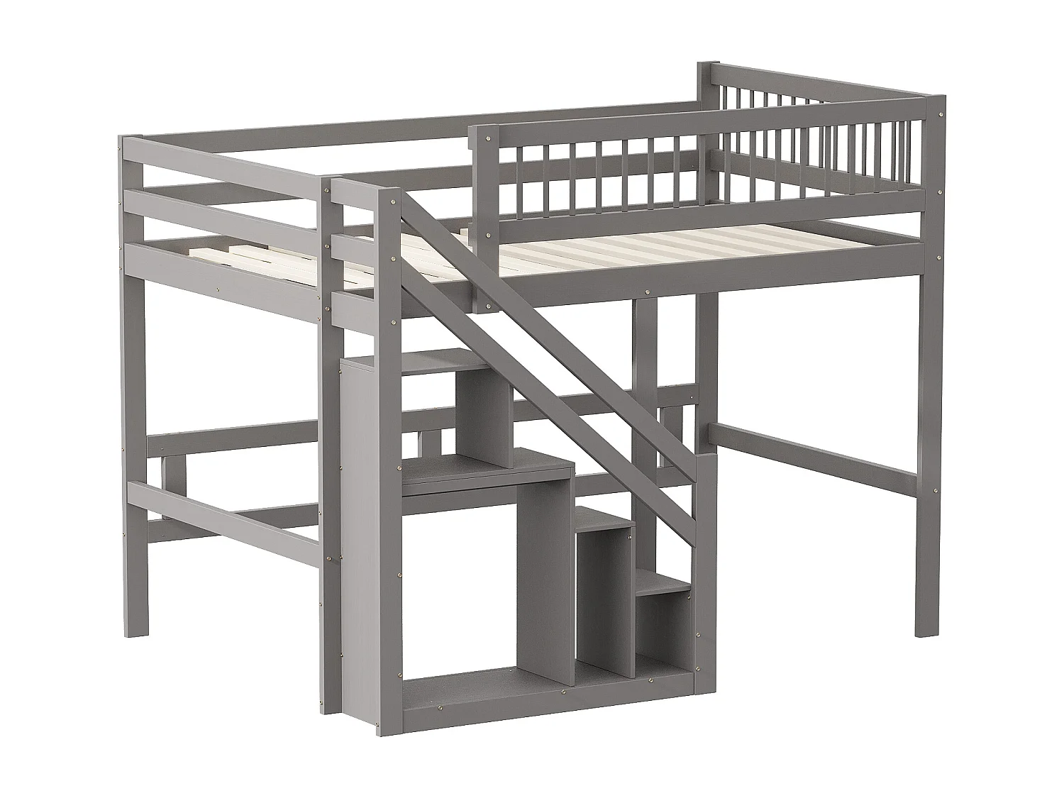 Mezzaninebed 140 x 200 cm met opbergkast - Massief hout + MDF - Grijs (zonder matras)