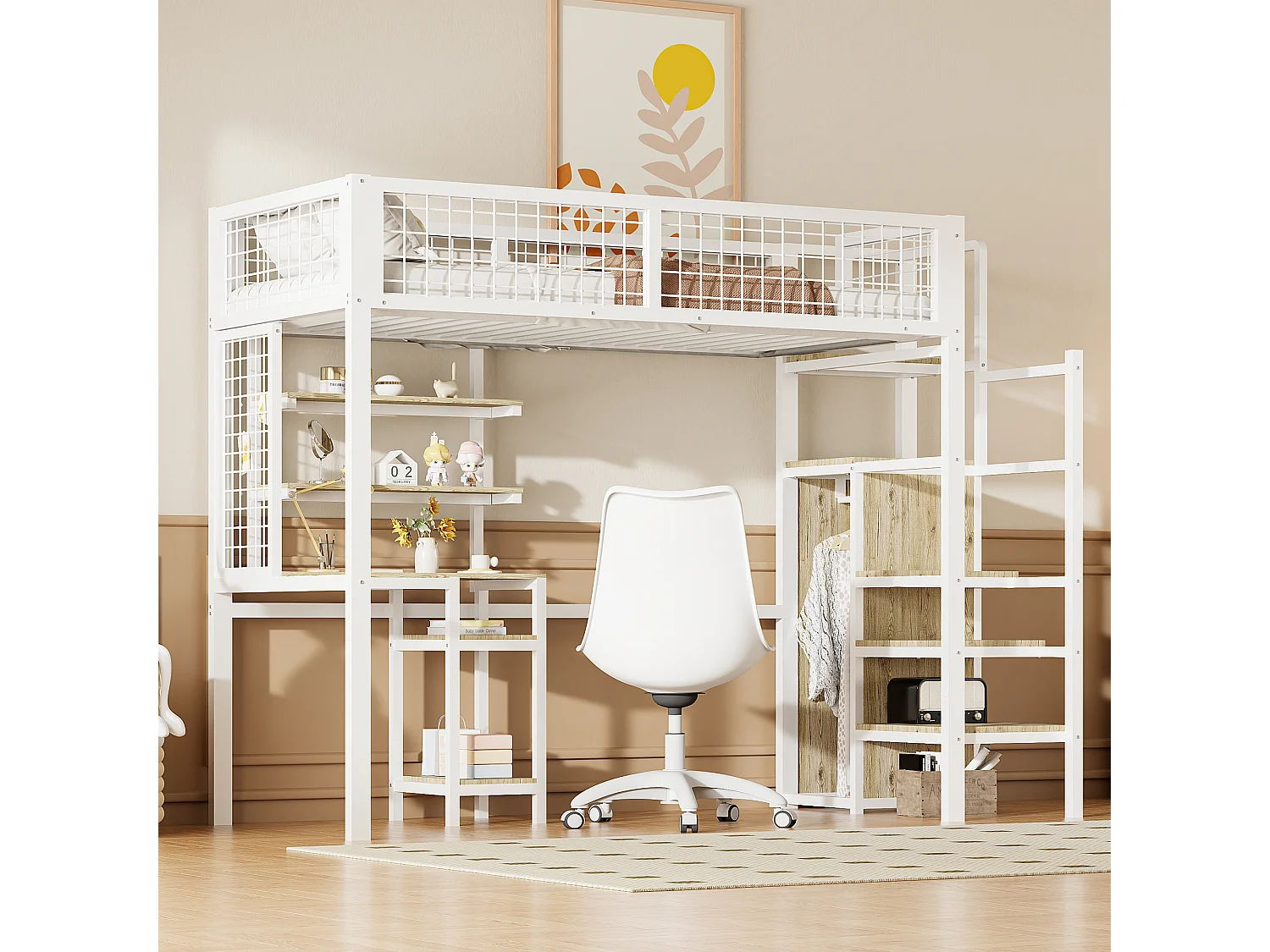 Letto soppalco 90 x 200 con scrivania e armadio - Struttura in ferro - Rete a doghe - Bianco (senza materasso)