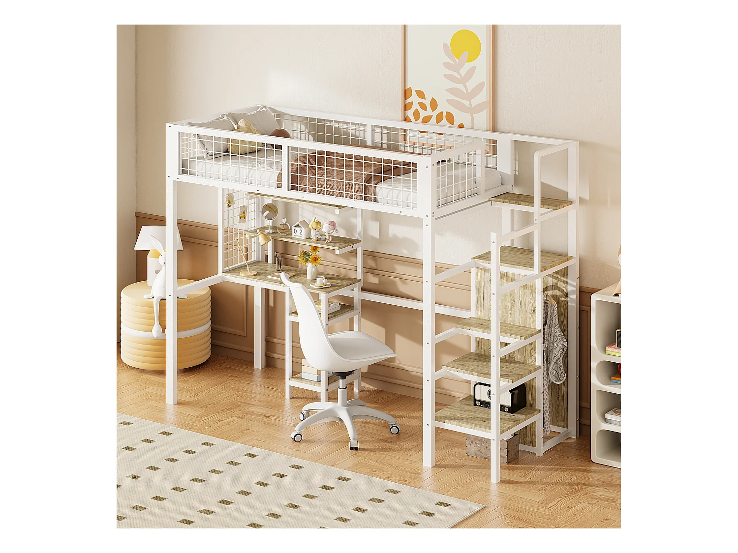 Letto soppalco 90 x 200 con scrivania e armadio - Struttura in ferro - Rete a doghe - Bianco (senza materasso)