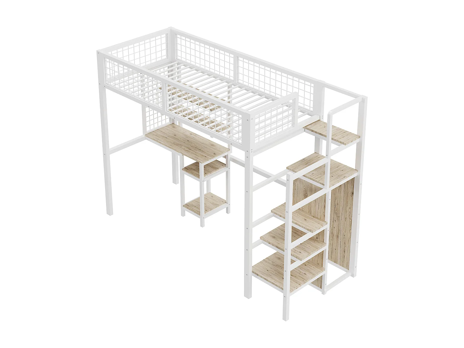 Letto soppalco 90 x 200 con scrivania e armadio - Struttura in ferro - Rete a doghe - Bianco (senza materasso)