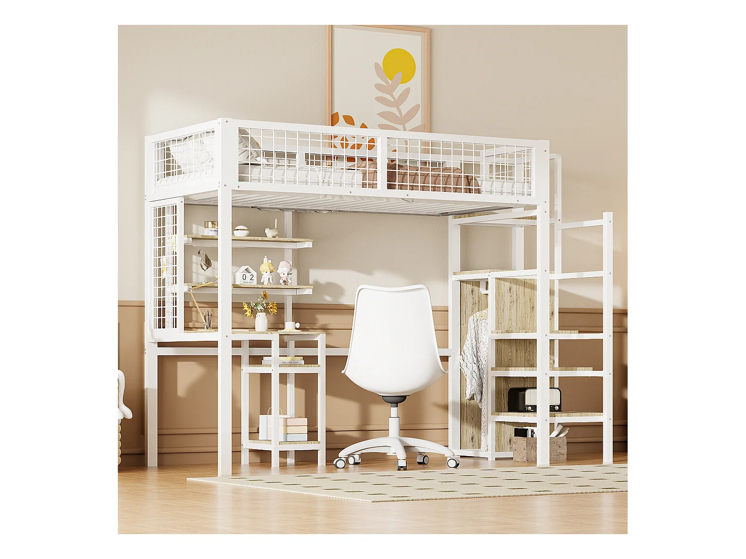Lit mezzanine 90 x 200 avec bureau et armoire - Structure en fer - Sommier à lattes - Blanc (sans matelas)