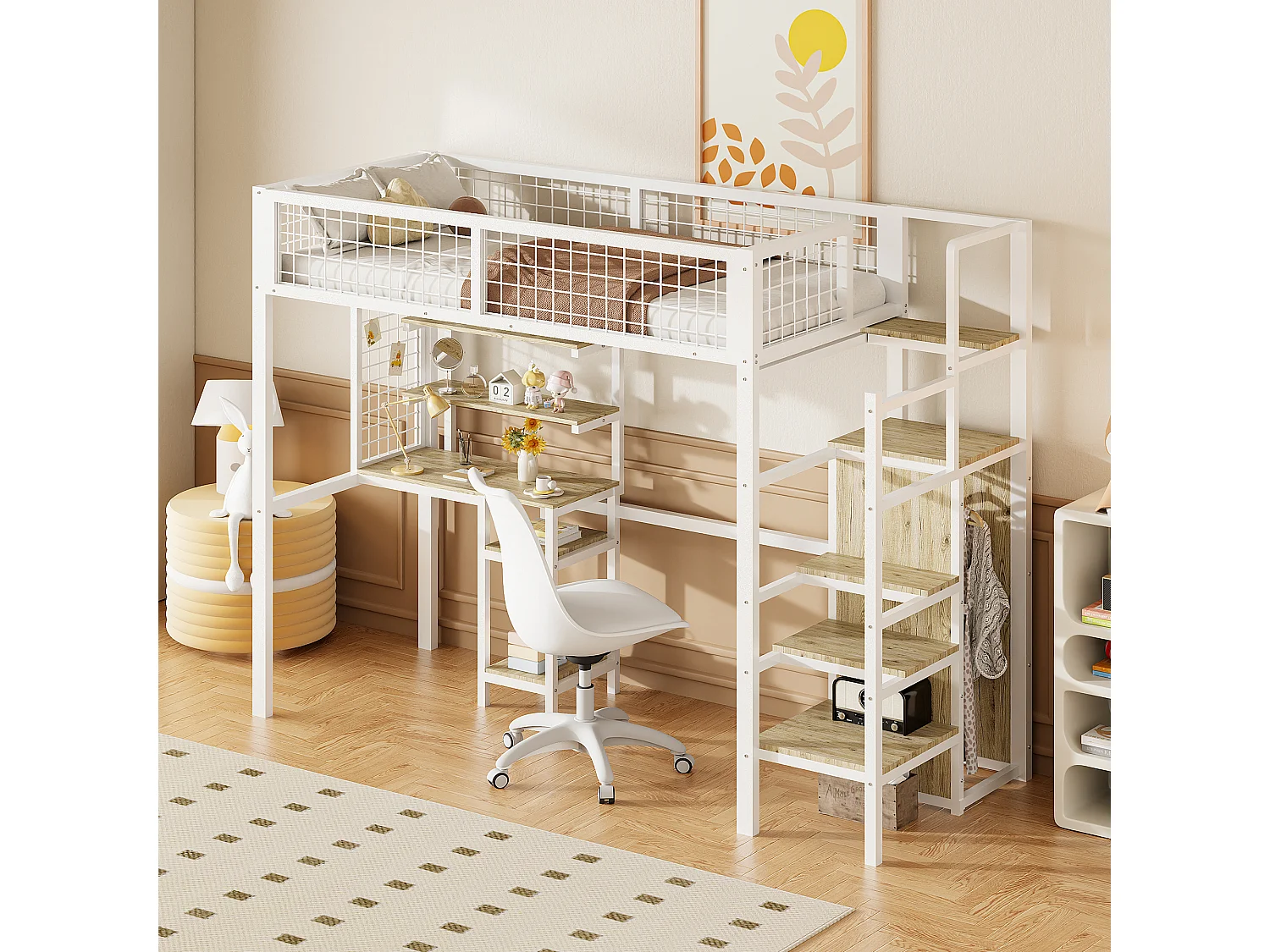 Mezzanine-Bett 90 x 200 mit Schreibtisch und Kleiderschrank – Eisenstruktur – Lattenrost – Weiß (ohne Matratze)