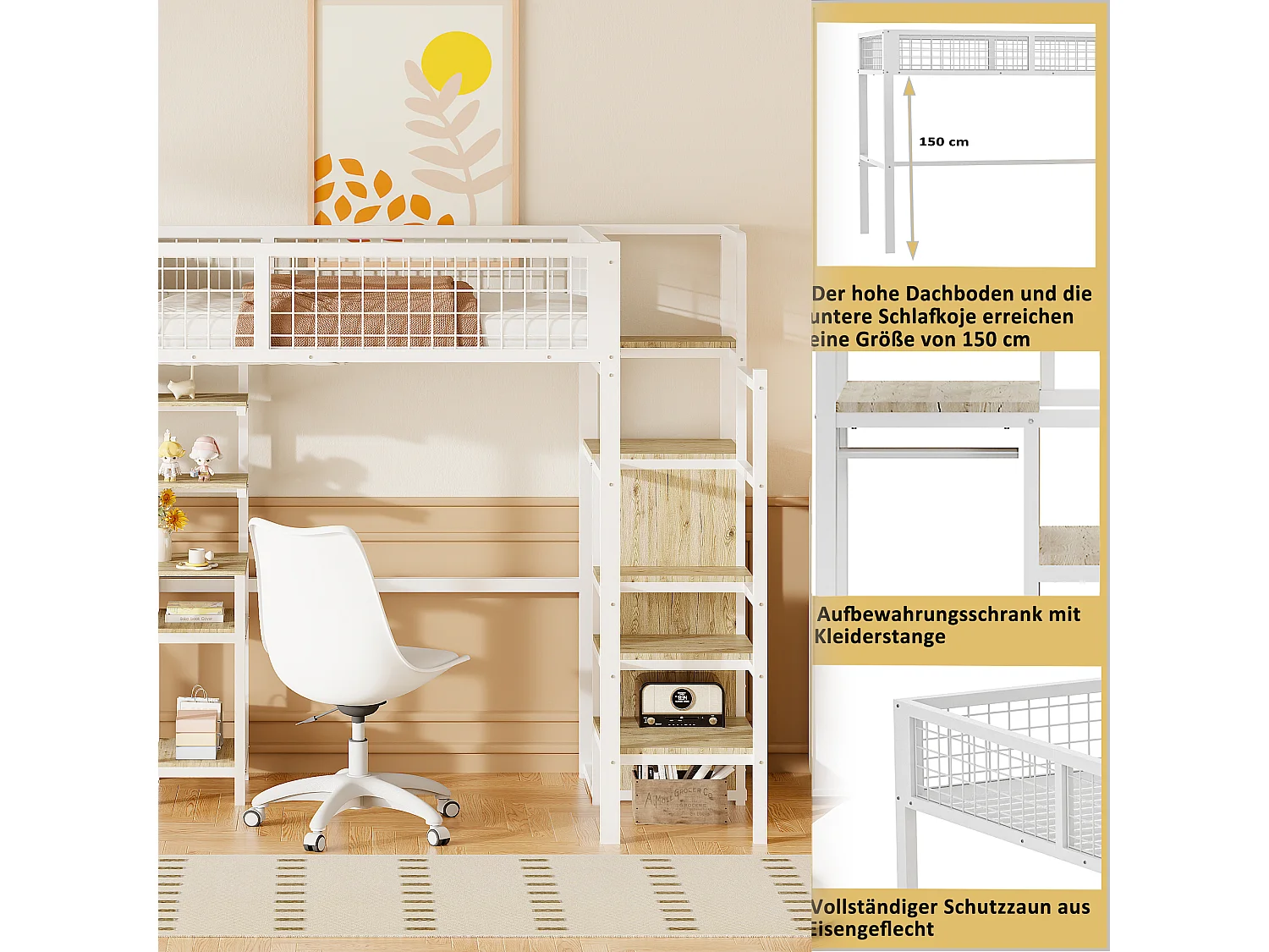 Mezzanine-Bett 90 x 200 mit Schreibtisch und Kleiderschrank – Eisenstruktur – Lattenrost – Weiß (ohne Matratze)