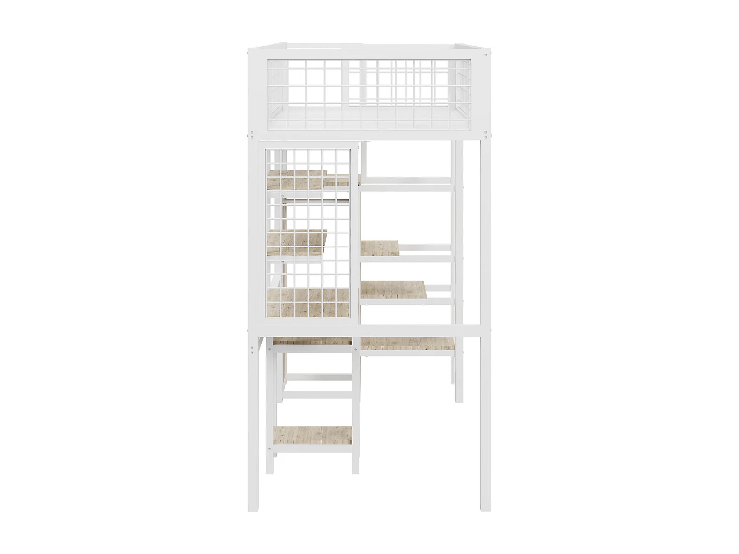 Mezzanine-Bett 90 x 200 mit Schreibtisch und Kleiderschrank – Eisenstruktur – Lattenrost – Weiß (ohne Matratze)