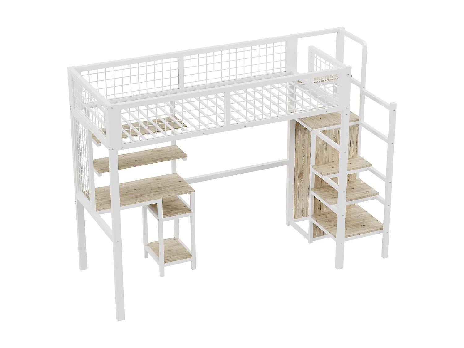 Mezzanine-Bett 90 x 200 mit Schreibtisch und Kleiderschrank – Eisenstruktur – Lattenrost – Weiß (ohne Matratze)
