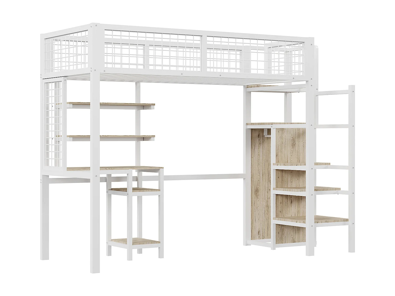 Mezzanine-Bett 90 x 200 mit Schreibtisch und Kleiderschrank – Eisenstruktur – Lattenrost – Weiß (ohne Matratze)
