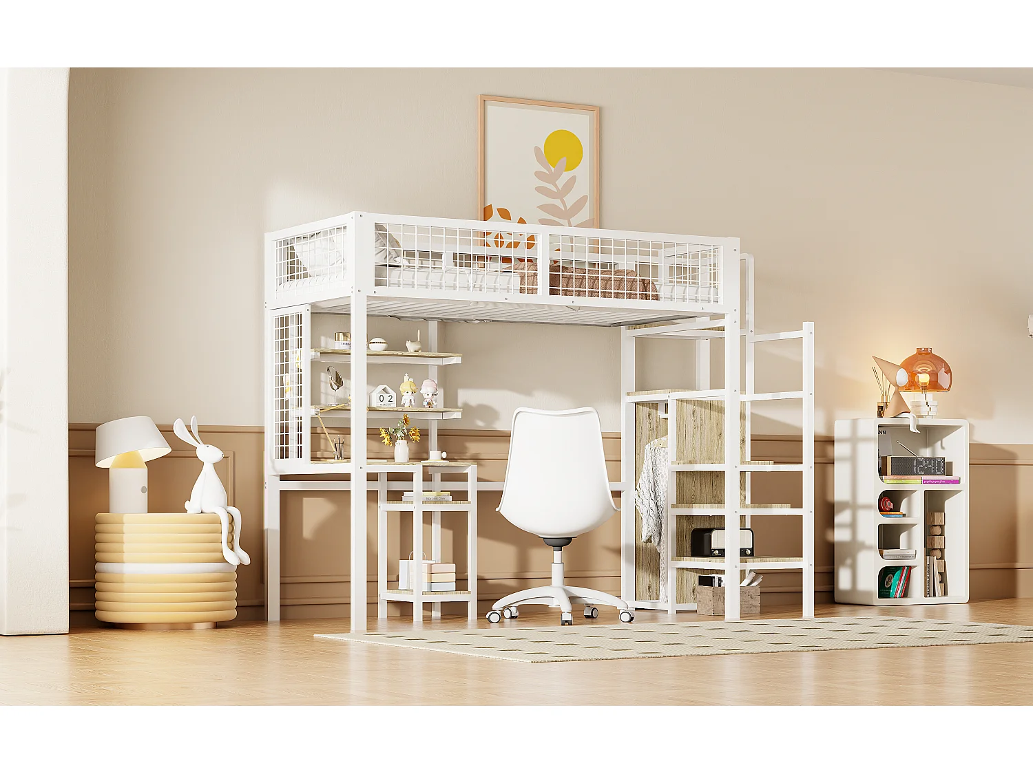 Mezzanine-Bett 90 x 200 mit Schreibtisch und Kleiderschrank – Eisenstruktur – Lattenrost – Weiß (ohne Matratze)