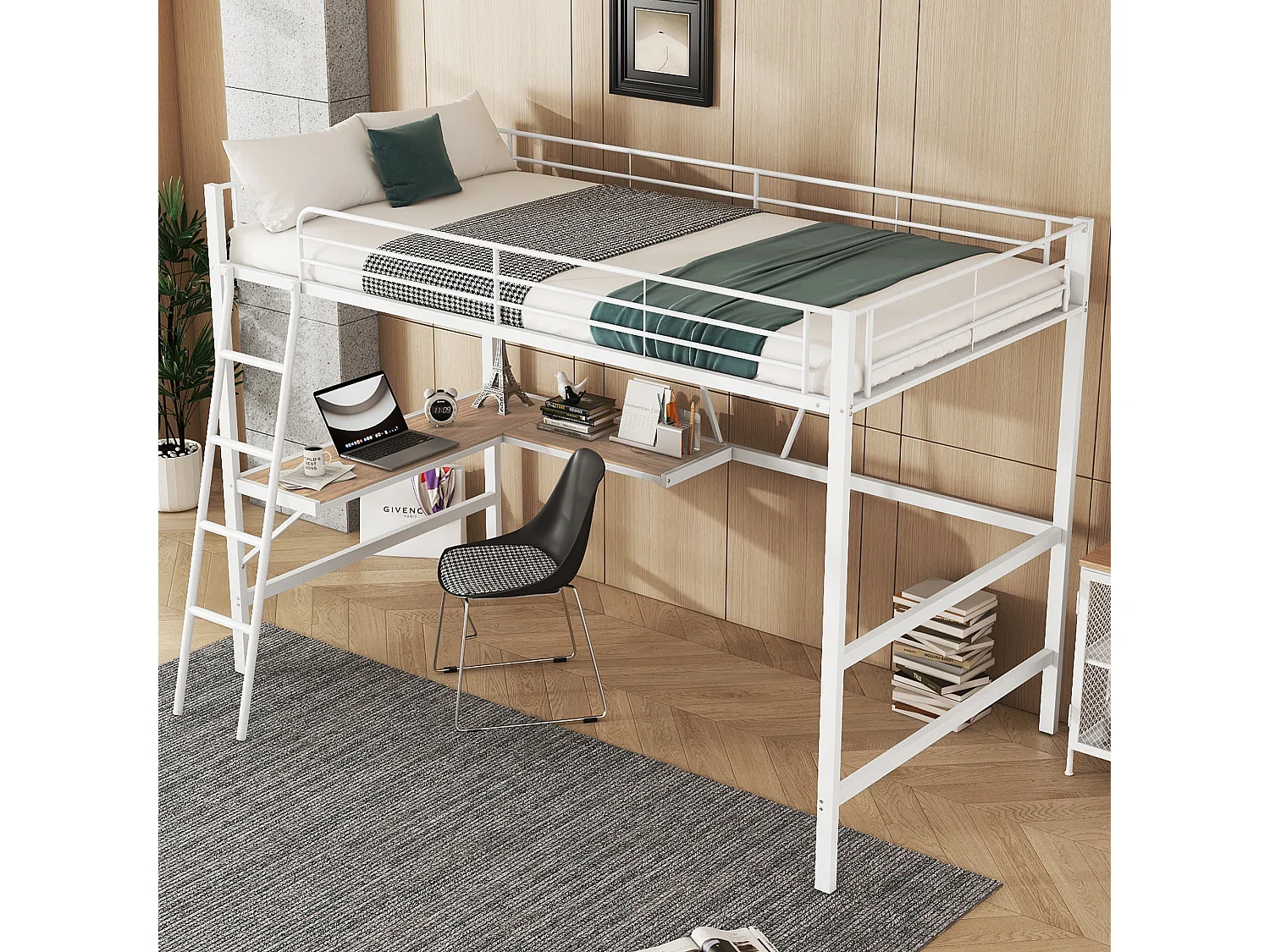 Hoogslaper 90 x 200 cm met L-vormig bureau en plank - Metaal + MDF - Lattenbodem - Naturel (zonder matras)