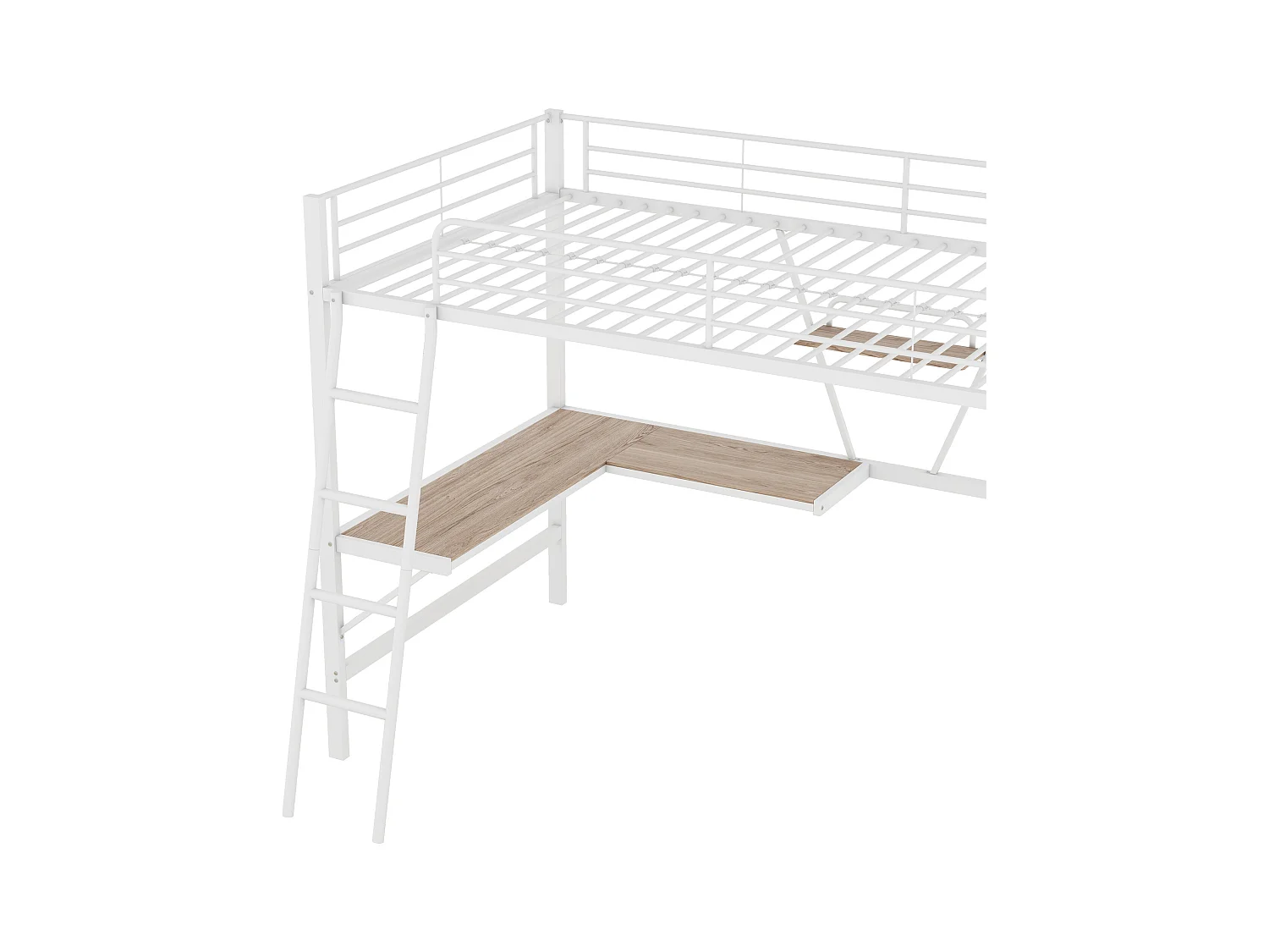Lit mezzanine 90 x 200 cm avec bureau en L et étagère - Métal+MDF - Sommier à lattes - Naturel (sans matelas)
