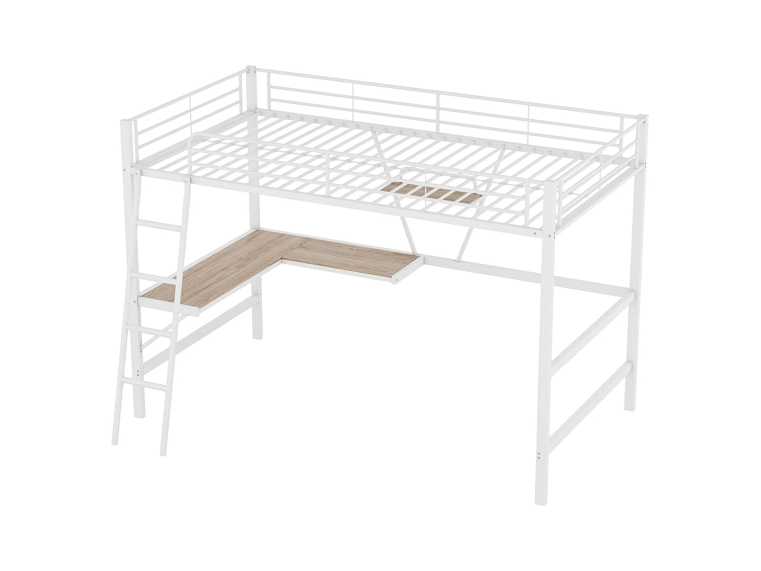 Lit mezzanine 90 x 200 cm avec bureau en L et étagère - Métal+MDF - Sommier à lattes - Naturel (sans matelas)