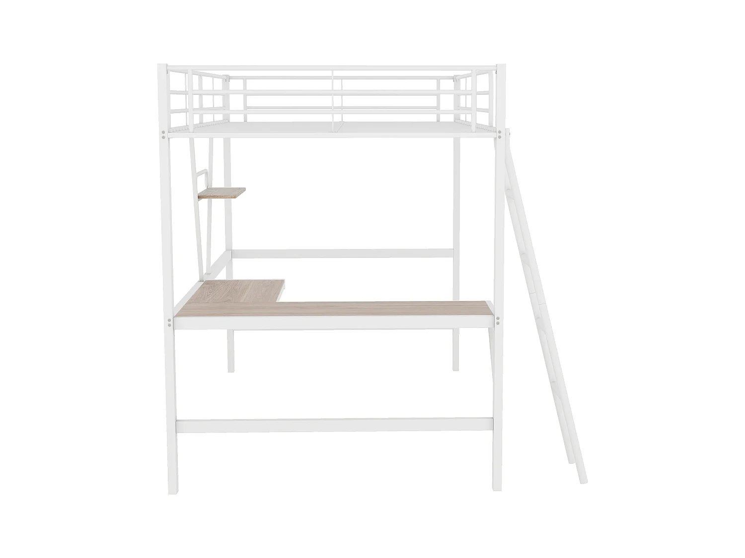 Lit mezzanine 90 x 200 cm avec bureau en L et étagère - Métal+MDF - Sommier à lattes - Naturel (sans matelas)