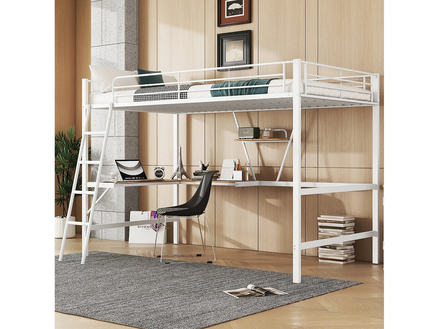 Cama alta 90 x 200 cm con escritorio en L y estante - Metal + MDF - Somier de láminas - Natural (sin colchón)