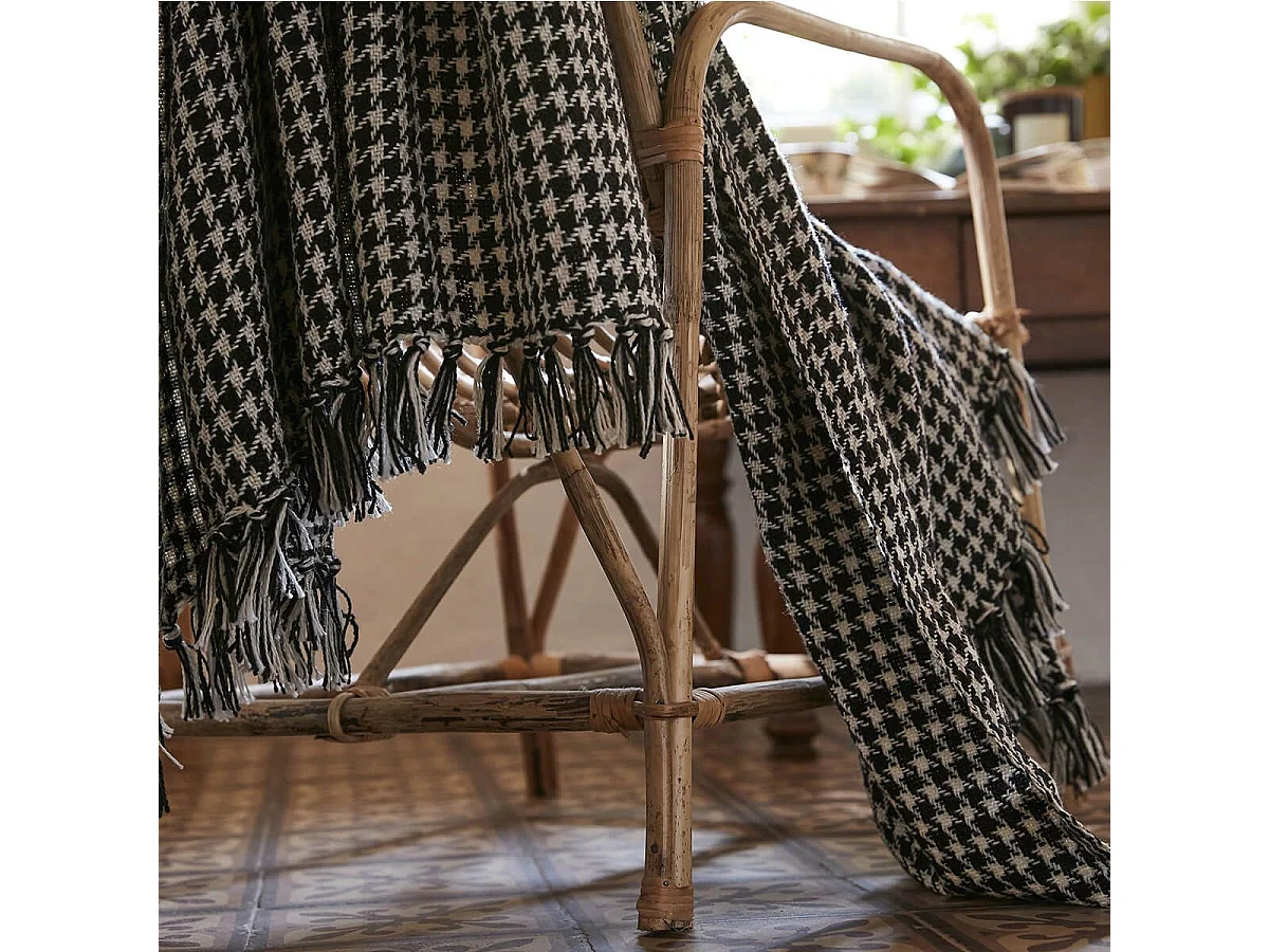CHARLES - Plaid à Franges 100% Recyclé Tissage Vichy Noir et Blanc 130x160cm