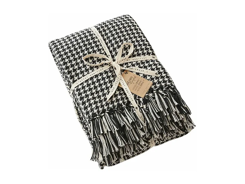CHARLES - Plaid à Franges 100% Recyclé Tissage Vichy Noir et Blanc 130x160cm