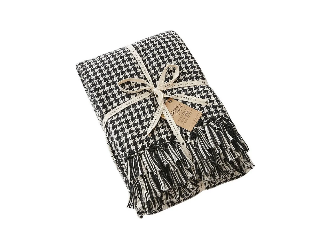 CHARLES - Plaid à Franges 100% Recyclé Tissage Vichy Noir et Blanc 180x220cm