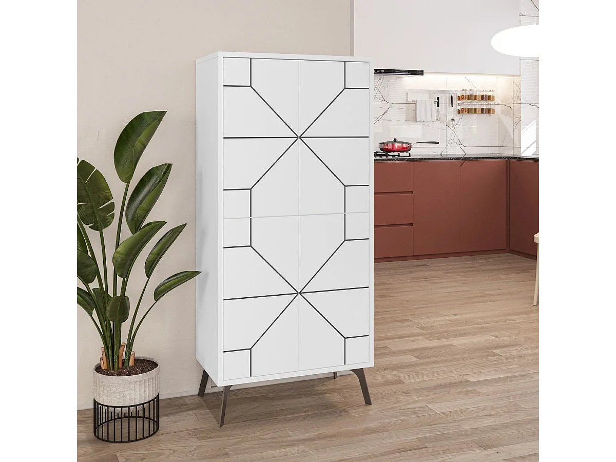 Hoher Buffetschrank mit 4 weißen Türen und schwarzen Dekorationen H136 cm - Dune