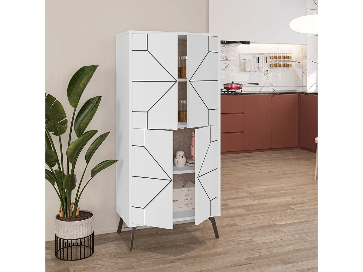 Hoher Buffetschrank mit 4 weißen Türen und schwarzen Dekorationen H136 cm - Dune