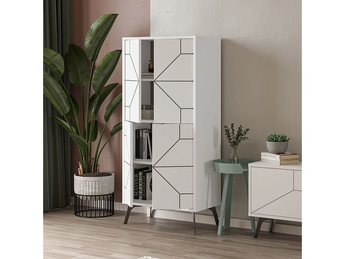 Buffet haut 4 portes blanches avec décors noirs H136 cm - Dune