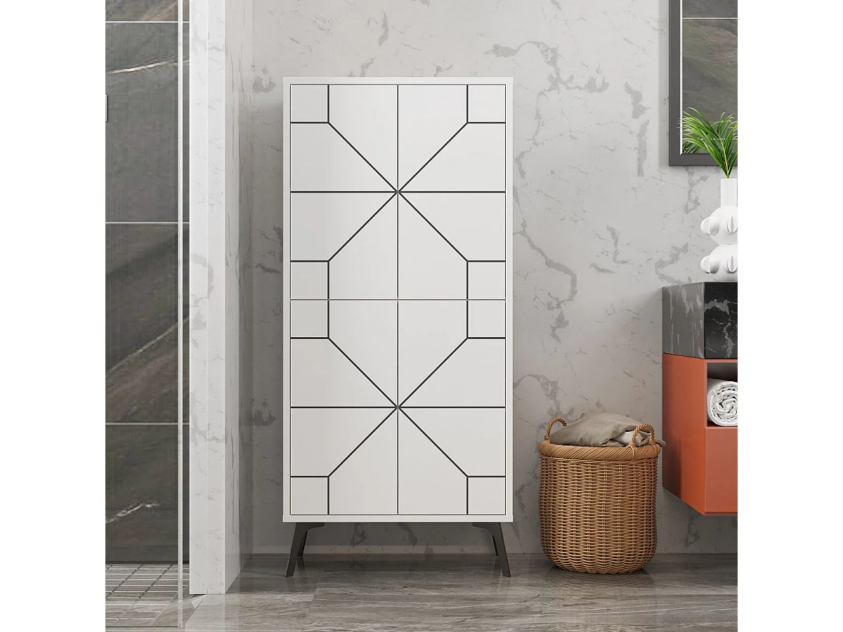 Buffet haut 4 portes blanches avec décors noirs H136 cm - Dune