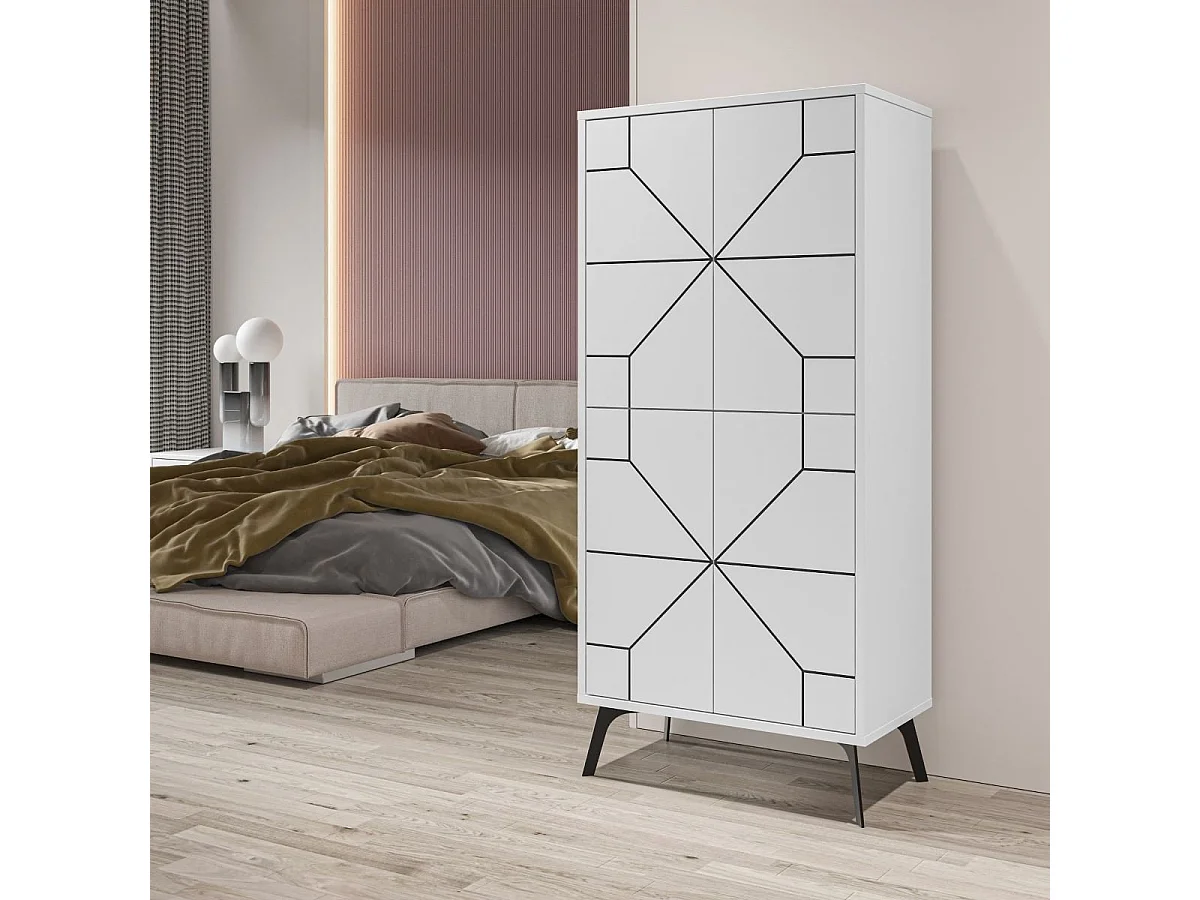 Szafka wysoka z 4 białymi drzwiami i czarnym dekorem H136 cm - Dune