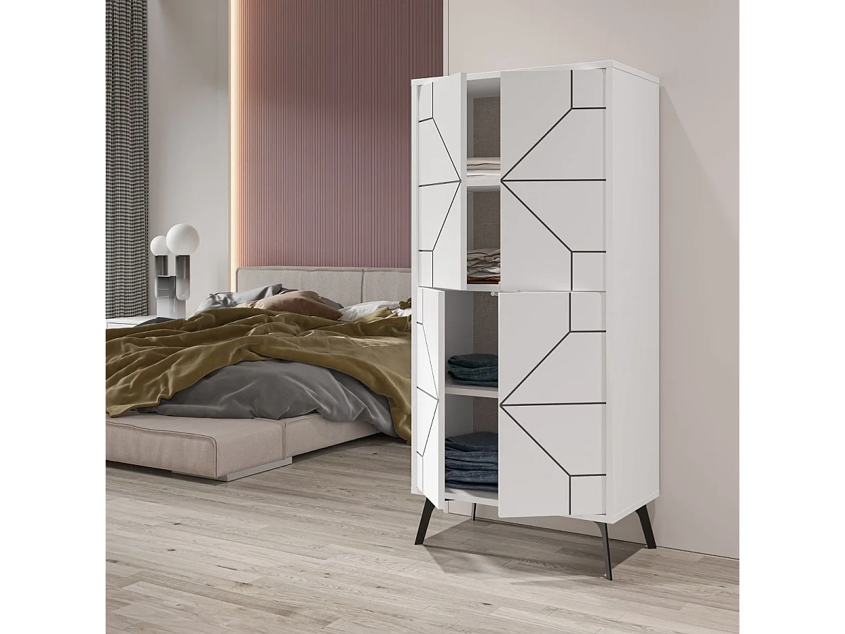 Szafka wysoka z 4 białymi drzwiami i czarnym dekorem H136 cm - Dune