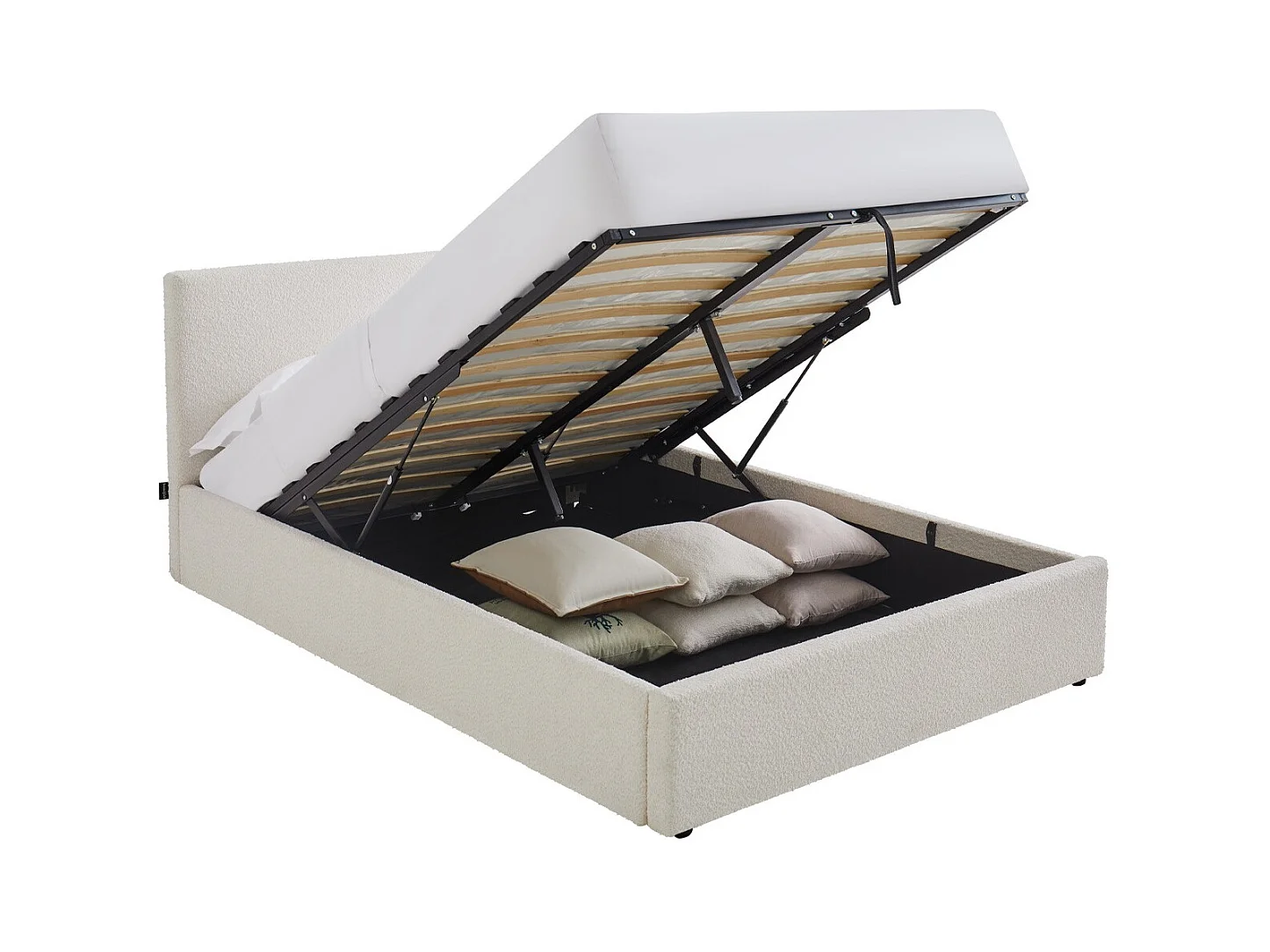 Lit coffre adulte 160x200 cm avec tête de lit matelassée en tissu bouclé beige et sommier - Tina
