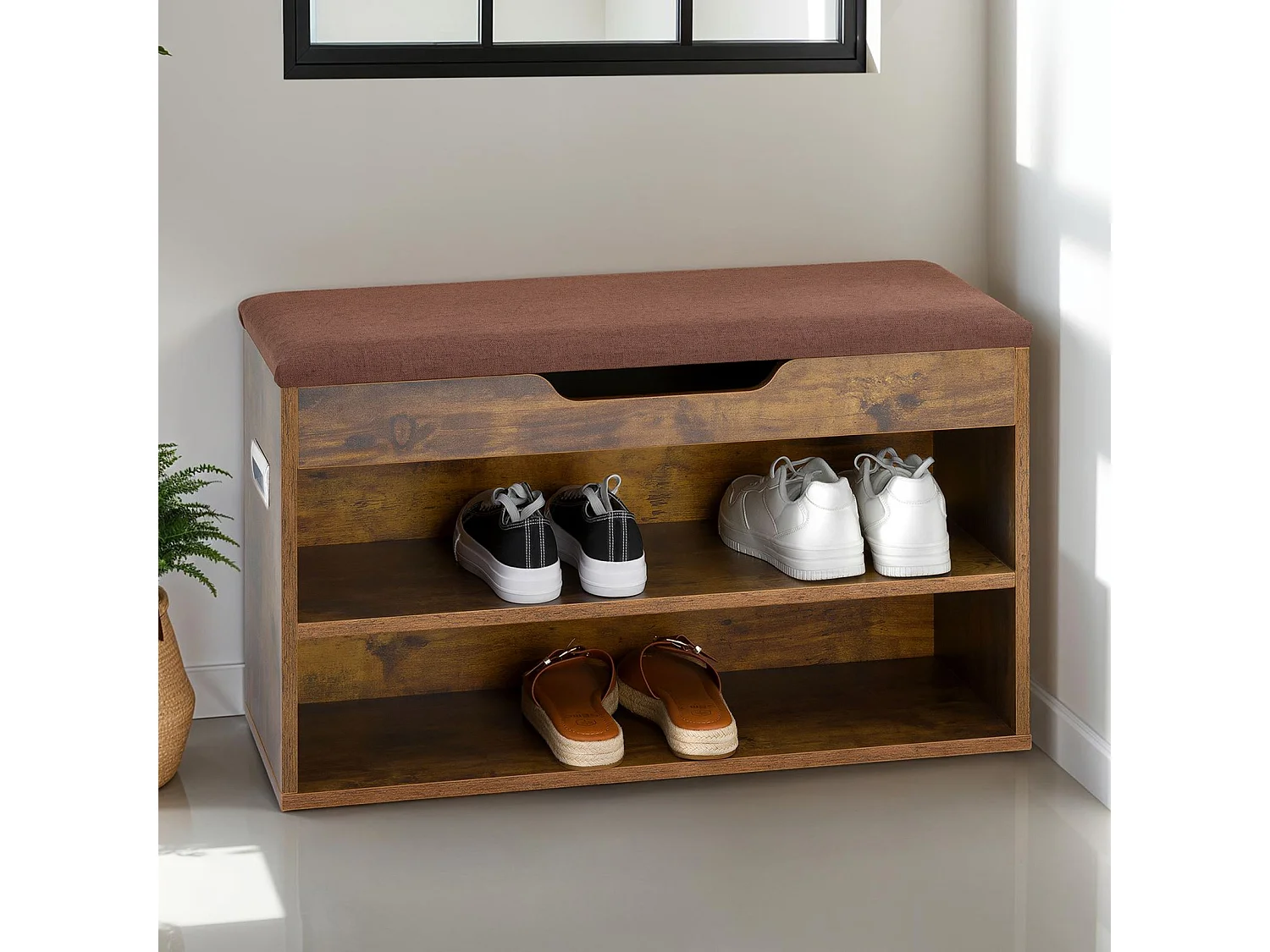 Banc de rangement à chaussures ISAAC avec Coffre et étagère, Assise rembourrée, Capacité 8-10 paires, Coloris old style et brun